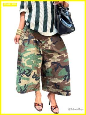 Women's Camo Cargo Pants High Waist Wide Leg Capris Baggy Army Fatigue Joggers